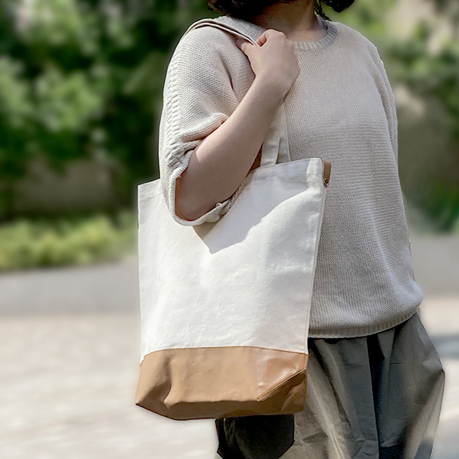 厚手キャンバスレザーボトムトート ナチュラル
