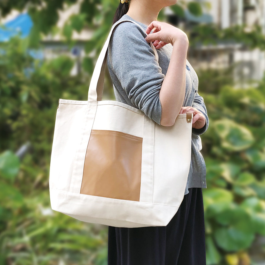 厚手キャンバスレザーポケットトート ナチュラル