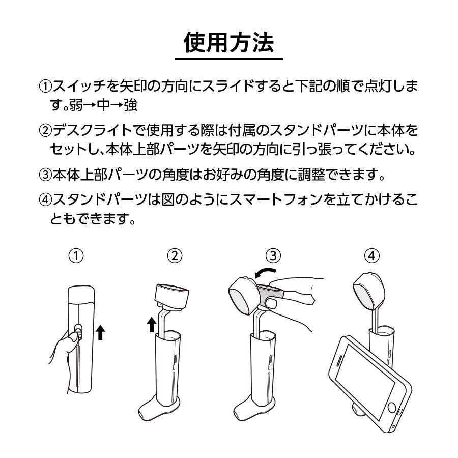 デスクライトにもなるUSBハンディライト(チャージャー機能付)
