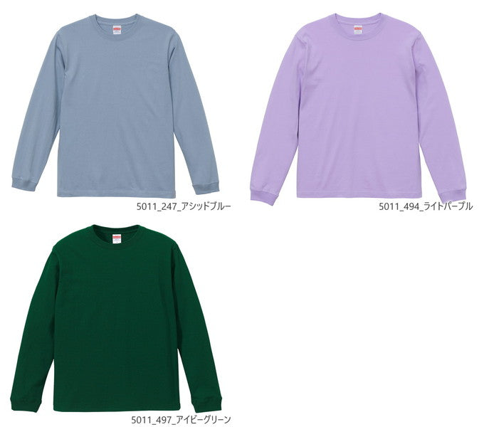 無地 長袖 綿 メンズ レディース XS S M L XL スミ 黒 ブラック ライム 緑 グリーン カーキ 青 ロイヤルブルー ネイビー 紫 パープル 5011-01 United Athle 5.6オンス ロングスリーブTシャツ（1.6インチリブ）(C)