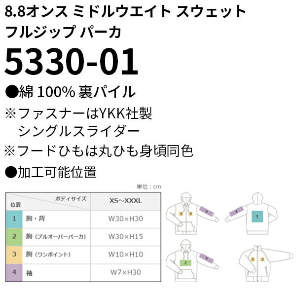 無地 ジップアップパーカー メンズ レディース XS S M L XL ホワイト 白 ブラック 黒 ネイビー 紺 グレー 灰色 5330-01 UnitedAthle 8.8オンス ミドルウェイト スウェット フルジップ パーカ (C)